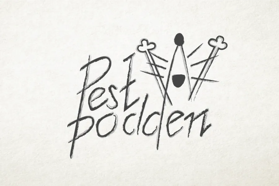 Logo - &quot;Pestpodden&quot; med handskrift og ei glad rotte.