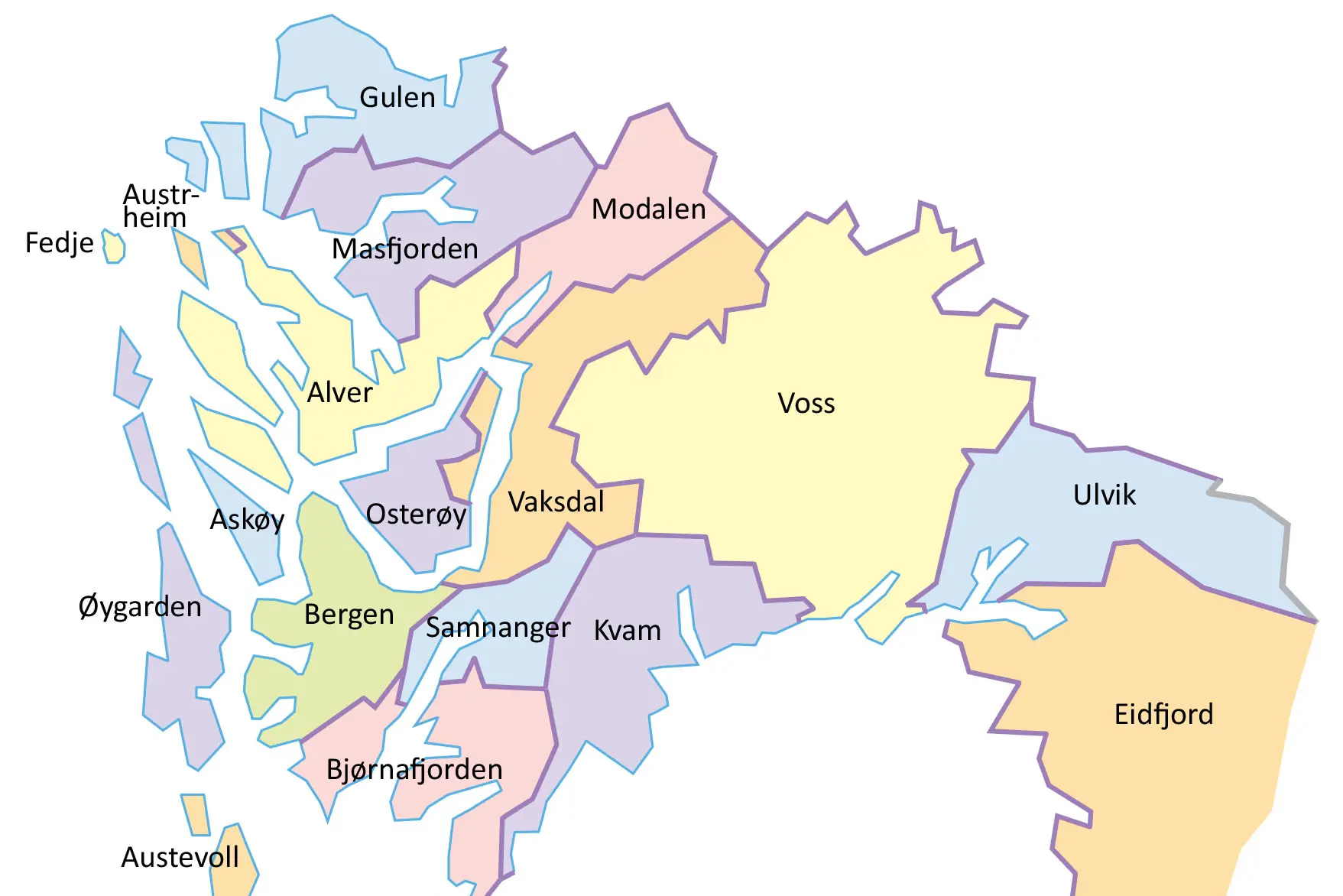 Kart over samarbeidskommunene i Helse Bergen fra Gulen i nord til Austevoll i sør.